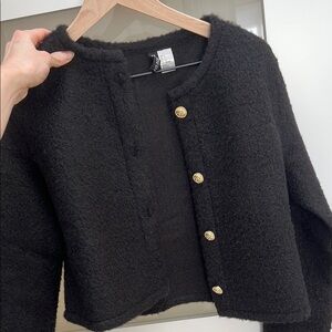 H&M Black Bouclé Cropped Blazer with Gold Buttons
